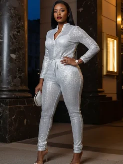 Long Sleeve Sequin Belted Jumpsuit
