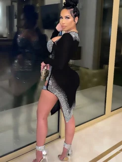 Long Sleeve Sequins Hollow Out Mini Dress