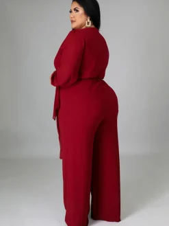Long Sleeve Solid Bodycon Wide Leg Jumpsuit
