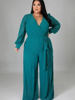 Long Sleeve Solid Bodycon Wide Leg Jumpsuit
