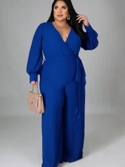 Long Sleeve Solid Bodycon Wide Leg Jumpsuit