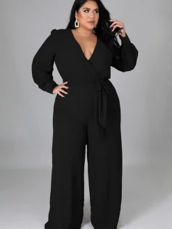 Long Sleeve Solid Bodycon Wide Leg Jumpsuit