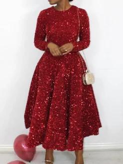 Long Sleeve Solid Color Sequin Dress