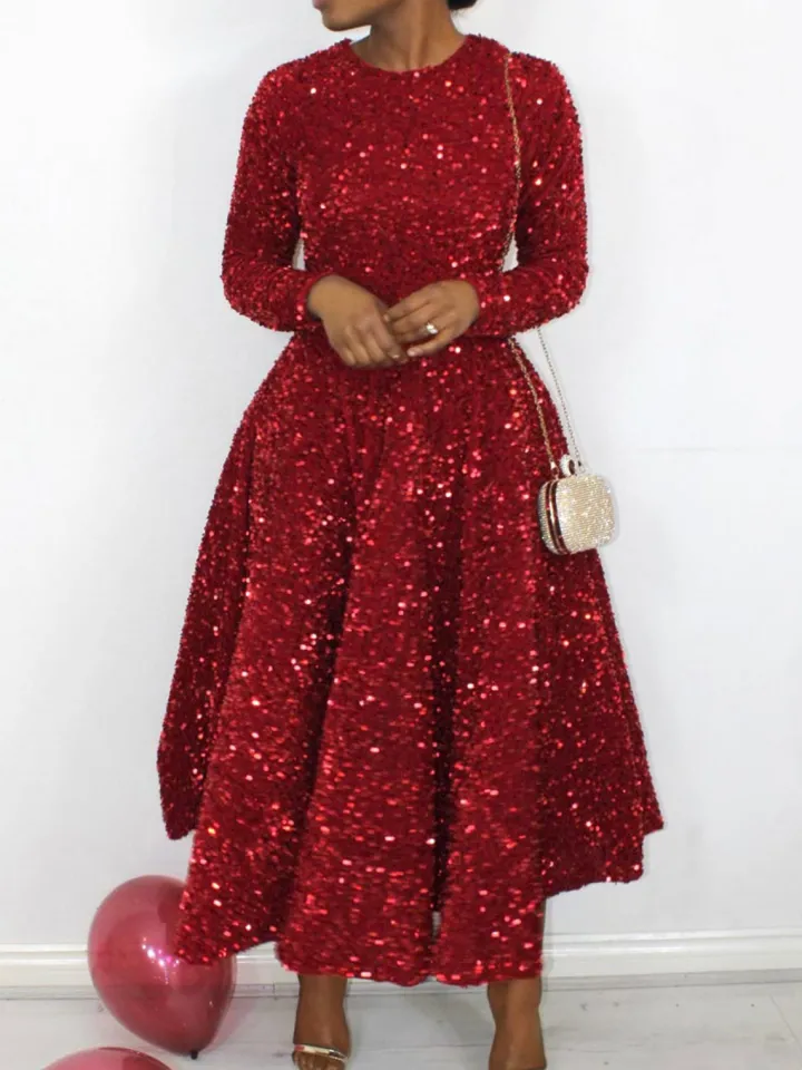 Long Sleeve Solid Color Sequin Dress