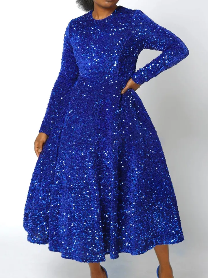 Long Sleeve Solid Color Sequin Dress