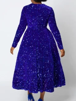 Long Sleeve Solid Color Sequin Dress