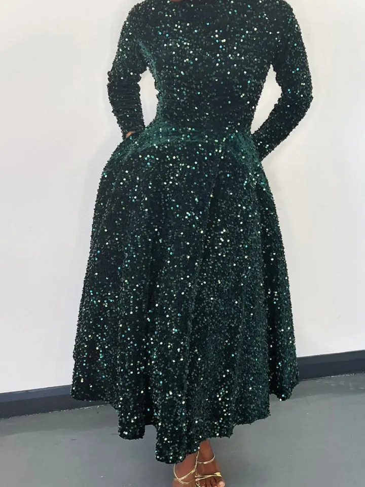 Long Sleeve Solid Color Sequin Dress