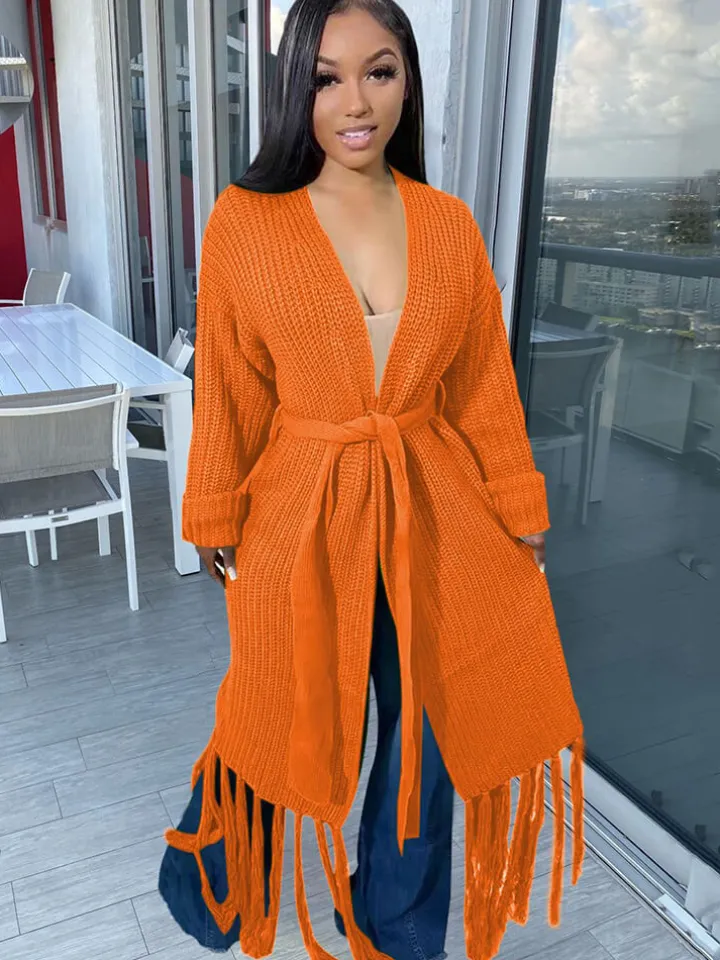 Long Sleeve Solid Color Tassel Cardigan