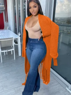 Long Sleeve Solid Color Tassel Cardigan