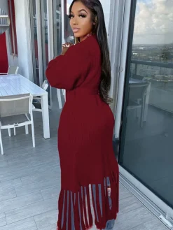 Long Sleeve Solid Color Tassel Cardigan