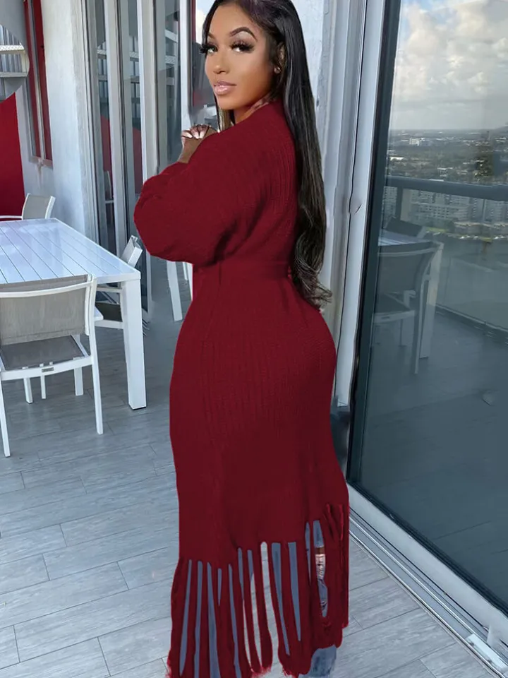 Long Sleeve Solid Color Tassel Cardigan