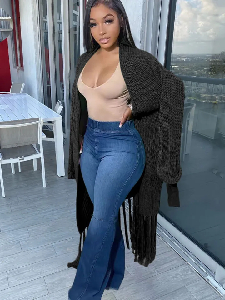 Long Sleeve Solid Color Tassel Cardigan