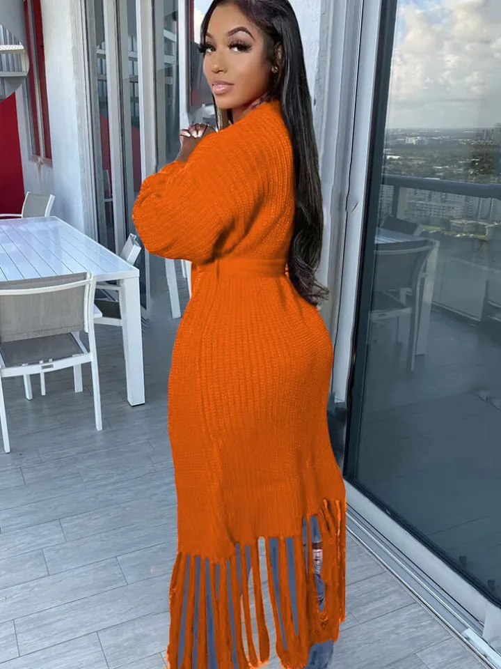 Long Sleeve Solid Color Tassel Cardigan