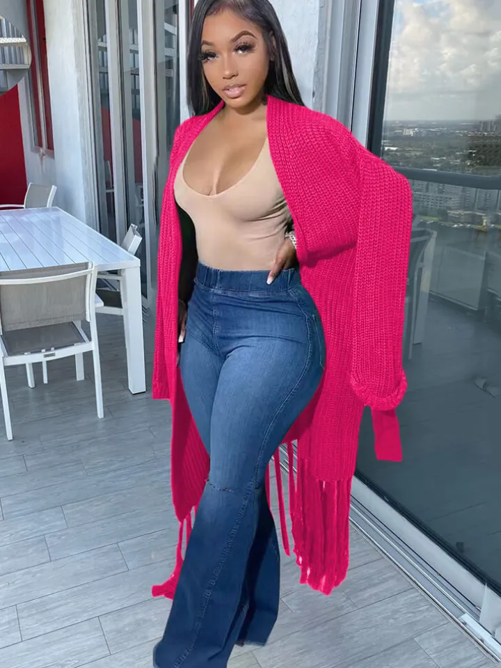 Long Sleeve Solid Color Tassel Cardigan