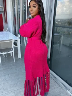 Long Sleeve Solid Color Tassel Cardigan