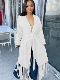 Long Sleeve Solid Color Tassel Cardigan