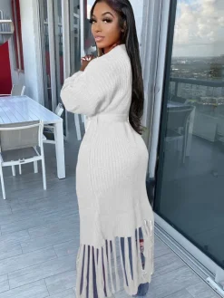 Long Sleeve Solid Color Tassel Cardigan