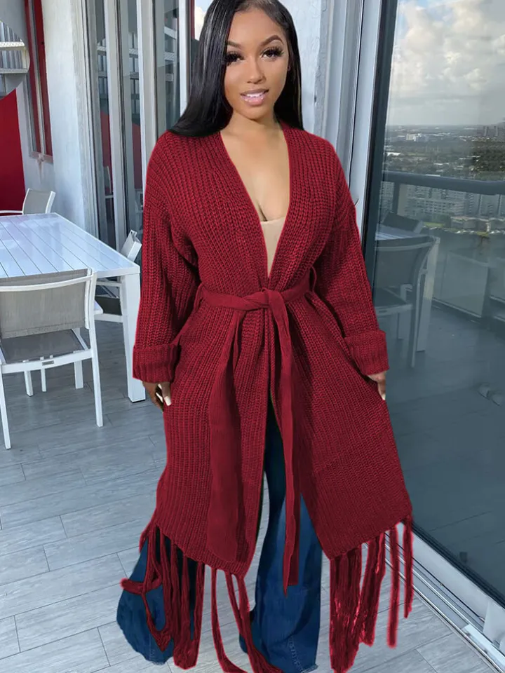 Long Sleeve Solid Color Tassel Cardigan