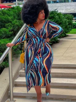 Long Sleeve Striped Print Midi Dress