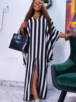 Long Sleeve Striped Split Maxi Dress