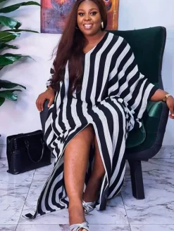 Long Sleeve Striped Split Maxi Dress