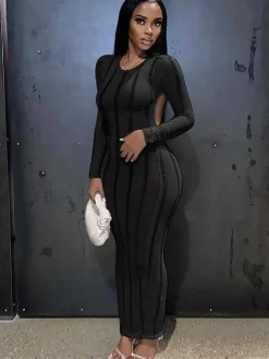 Long Sleeve Tassel Backless Maxi Dress