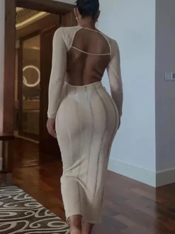 Long Sleeve Tassel Backless Maxi Dress