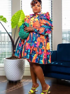 Long Sleeve Tie Dye Ruffle Mini Dress