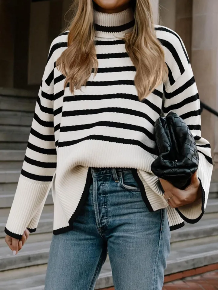 Long Sleeve Turtle Neck Striped Knit Top
