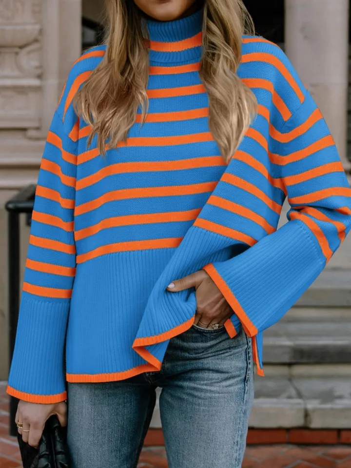 Long Sleeve Turtle Neck Striped Knit Top