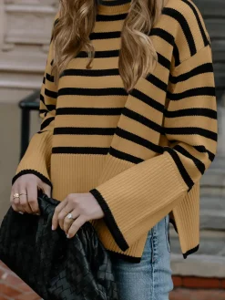 Long Sleeve Turtle Neck Striped Knit Top