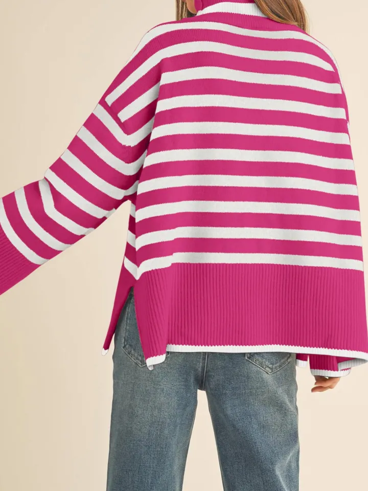 Long Sleeve Turtle Neck Striped Knit Top