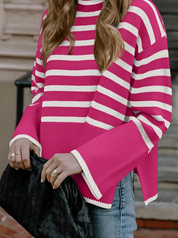 Long Sleeve Turtle Neck Striped Knit Top