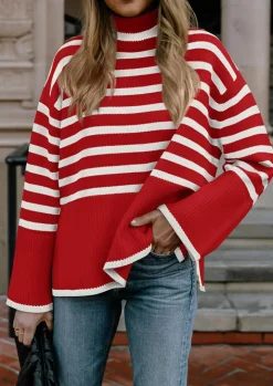 Long Sleeve Turtle Neck Striped Knit Top