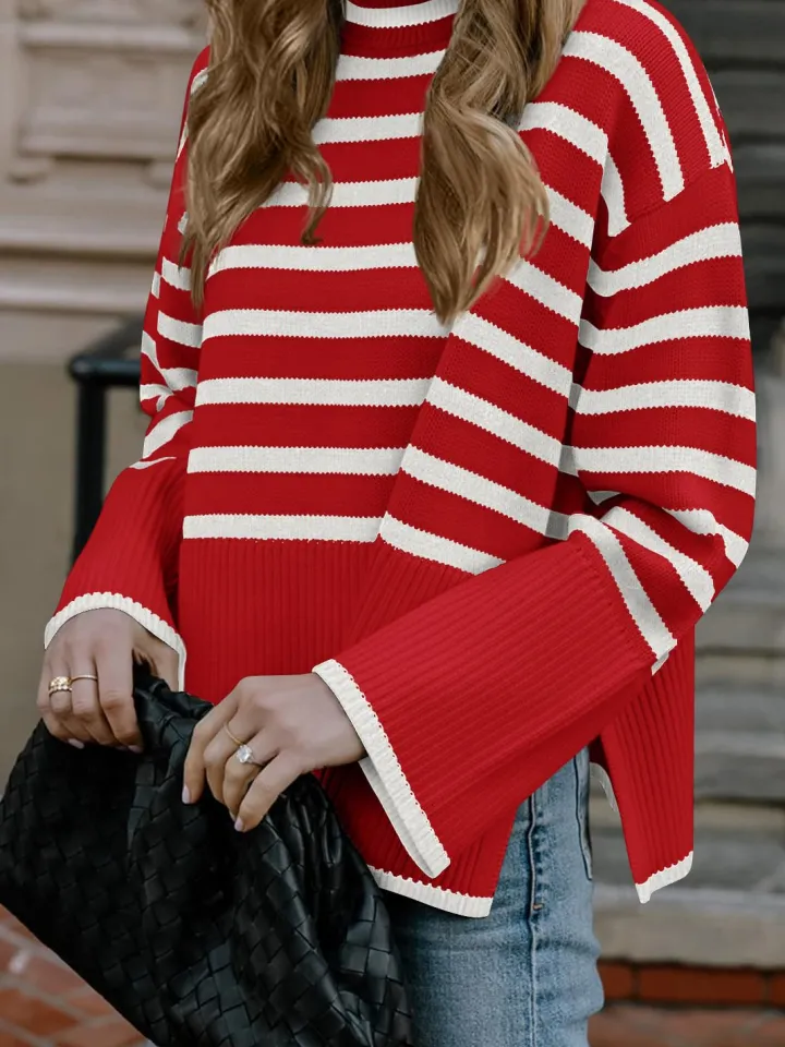 Long Sleeve Turtle Neck Striped Knit Top