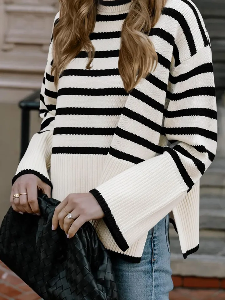 Long Sleeve Turtle Neck Striped Knit Top