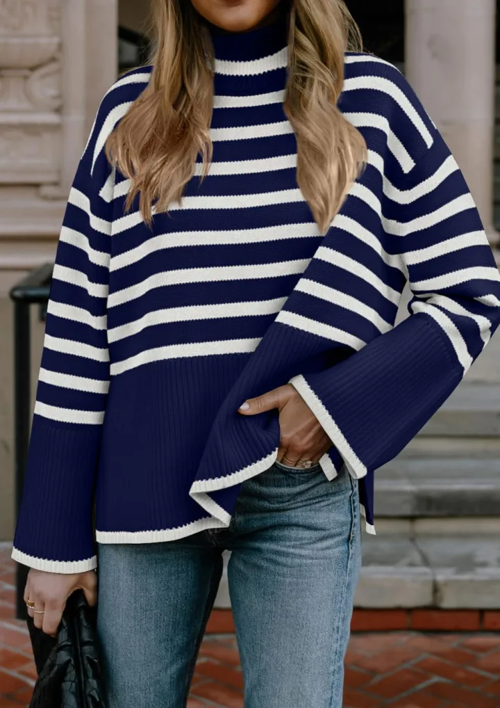 Long Sleeve Turtle Neck Striped Knit Top