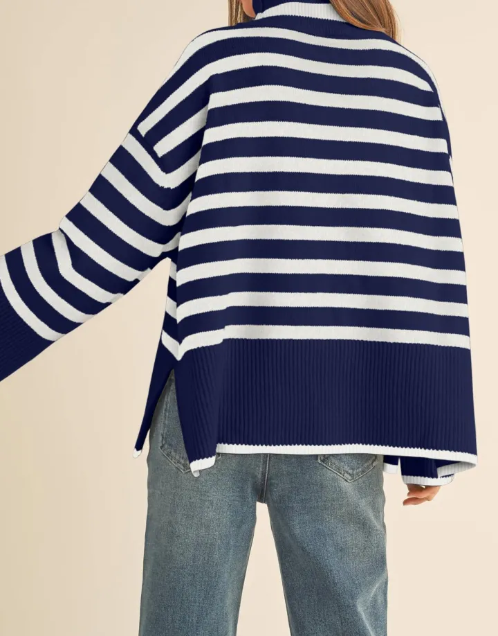 Long Sleeve Turtle Neck Striped Knit Top