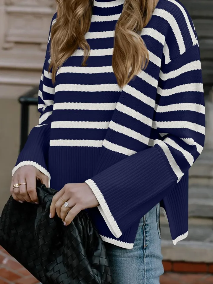 Long Sleeve Turtle Neck Striped Knit Top
