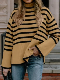 Long Sleeve Turtle Neck Striped Knit Top