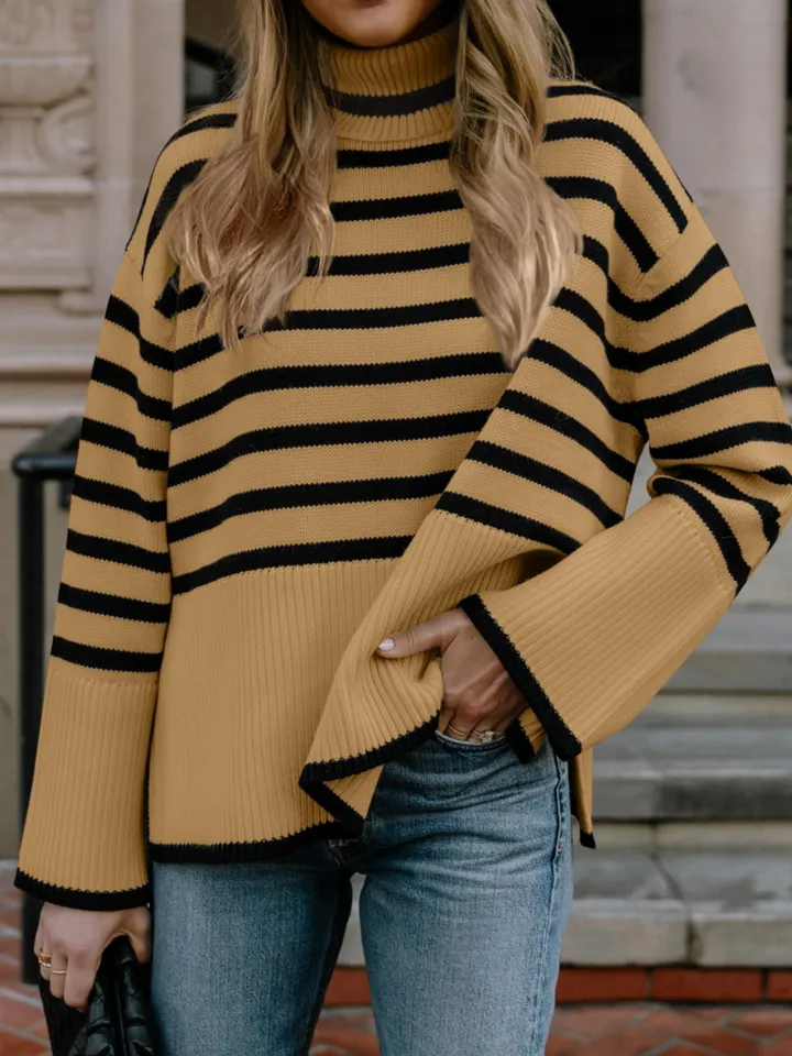 Long Sleeve Turtle Neck Striped Knit Top