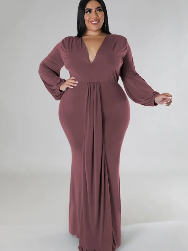 Long Sleeve V Neck Bodycon Maxi Dress