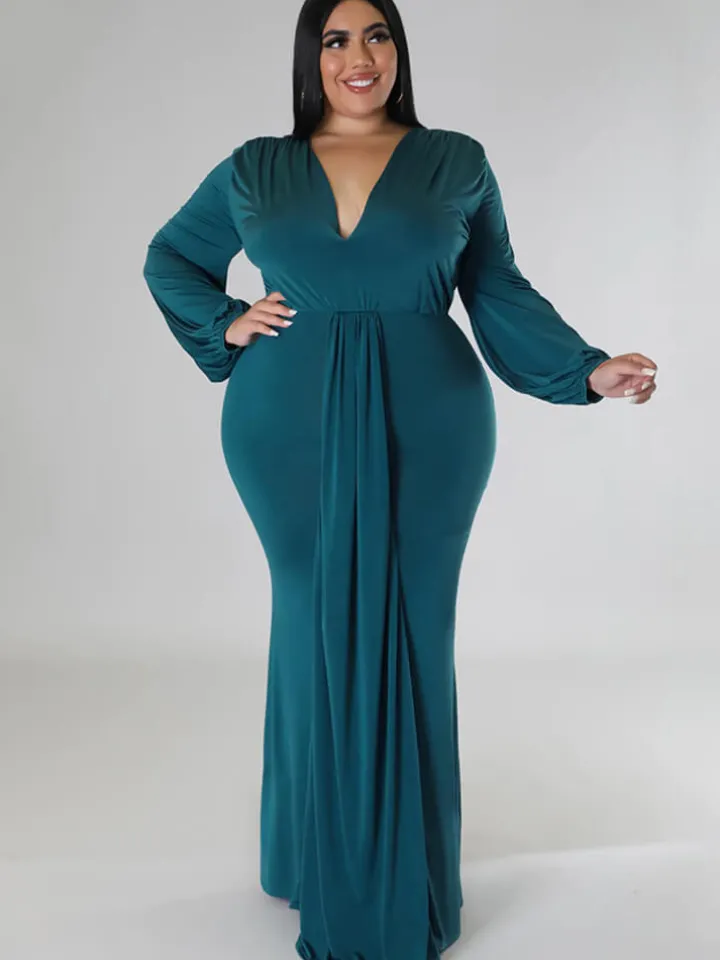 Long Sleeve V Neck Bodycon Maxi Dress