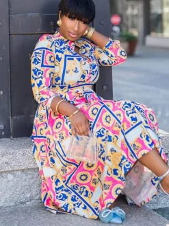 Long Sleeve V Neck Floral Print Midi Dress