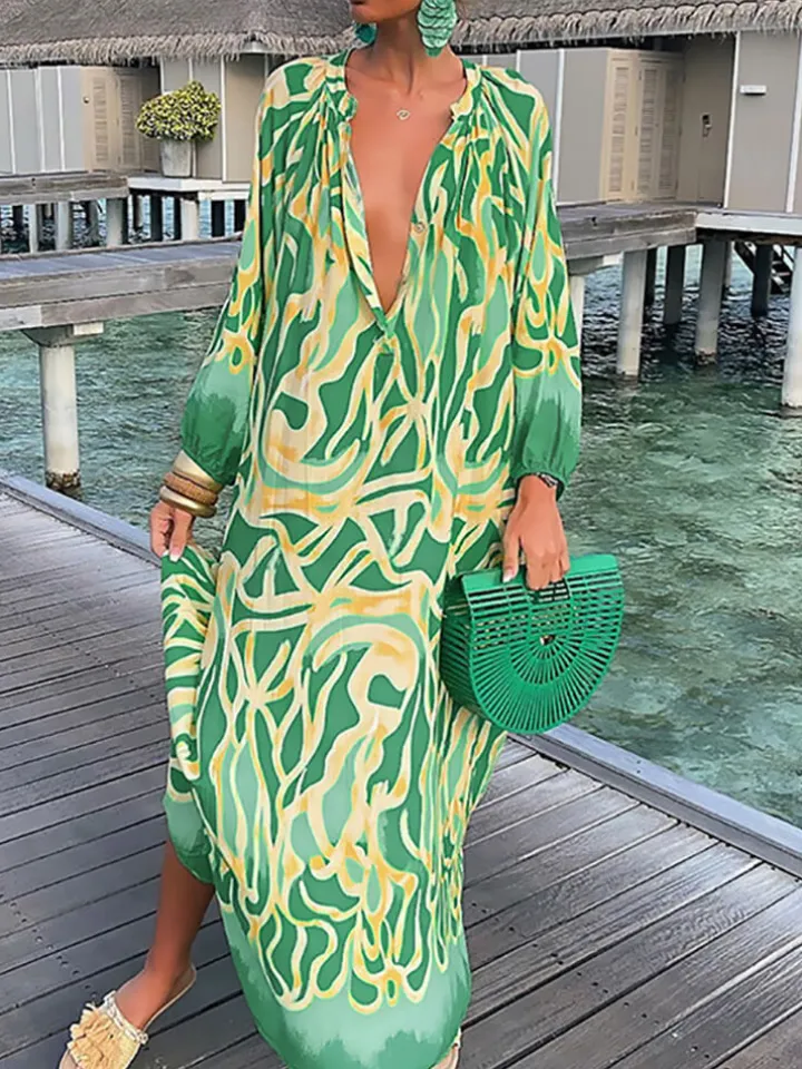 Long Sleeve V Neck Floral Print Maxi Dress