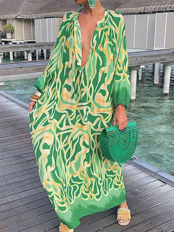 Long Sleeve V Neck Floral Print Maxi Dress