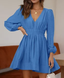 Long Sleeve V Neck Mini Dress
