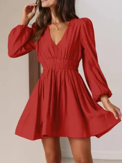 Long Sleeve V Neck Mini Dress