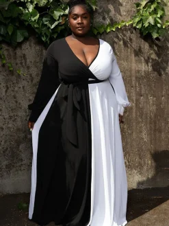 Long Sleeve V Neck Patchwork Maxi Dress