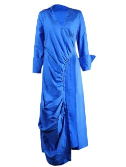 Long Sleeve V Neck Ruched Split Top